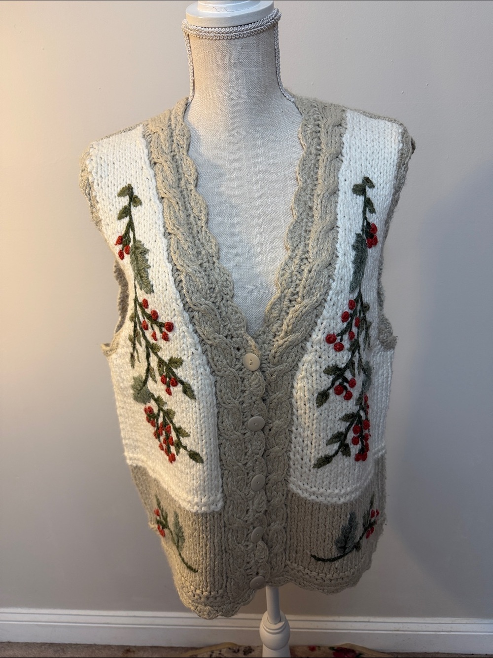 Bobbie Brooks Cream & Beige Knit Vest with Red Berry Embroidery